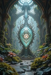 Obraz premium Enchanting Glass Orb Shrine in a Lush overgrown Ancient Temple Garden Fantasy Landscape