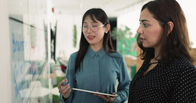 Two young diverse business product managers discussing teamwork process, scrum management, making Kanban board, analyzing scheduling, planning tasks, talking at whiteboard