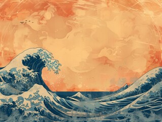 Japanese style, and the theme should be related to tropical islands. There should be a large wave with a significant amount of blank space. Sticker art, woodcutting, sand texture.