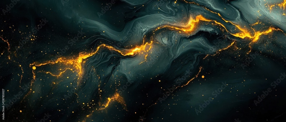 Poster dramatic abstract background of dark swirling fluid with golden shimmering veins and particles creat