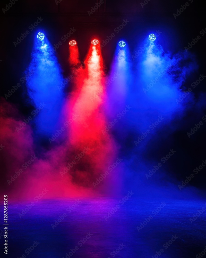 Poster vibrant stage illumination with red and blue lights creating a dramatic atmosphere for performance a