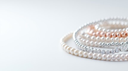 Elegant pearl necklaces on white background, jewelry photography for website