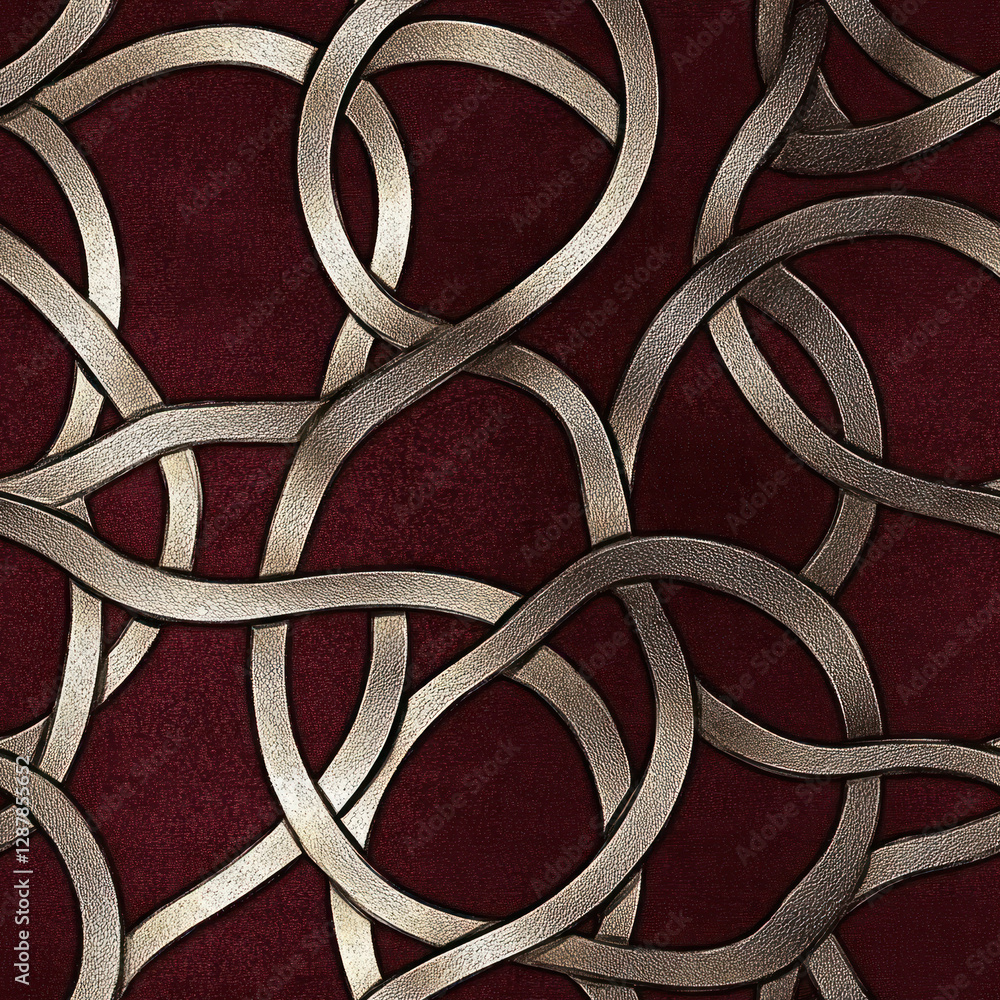 Poster overlapping metal loops pattern on red textile background. abstract design, intertwining shapes, ele