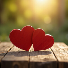 Red Hearts Resting on Wood Surface in Outdoor Sunlight Setting