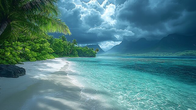 Tropical beach scene with palm tree and dramatic monsoon clouds overhead
