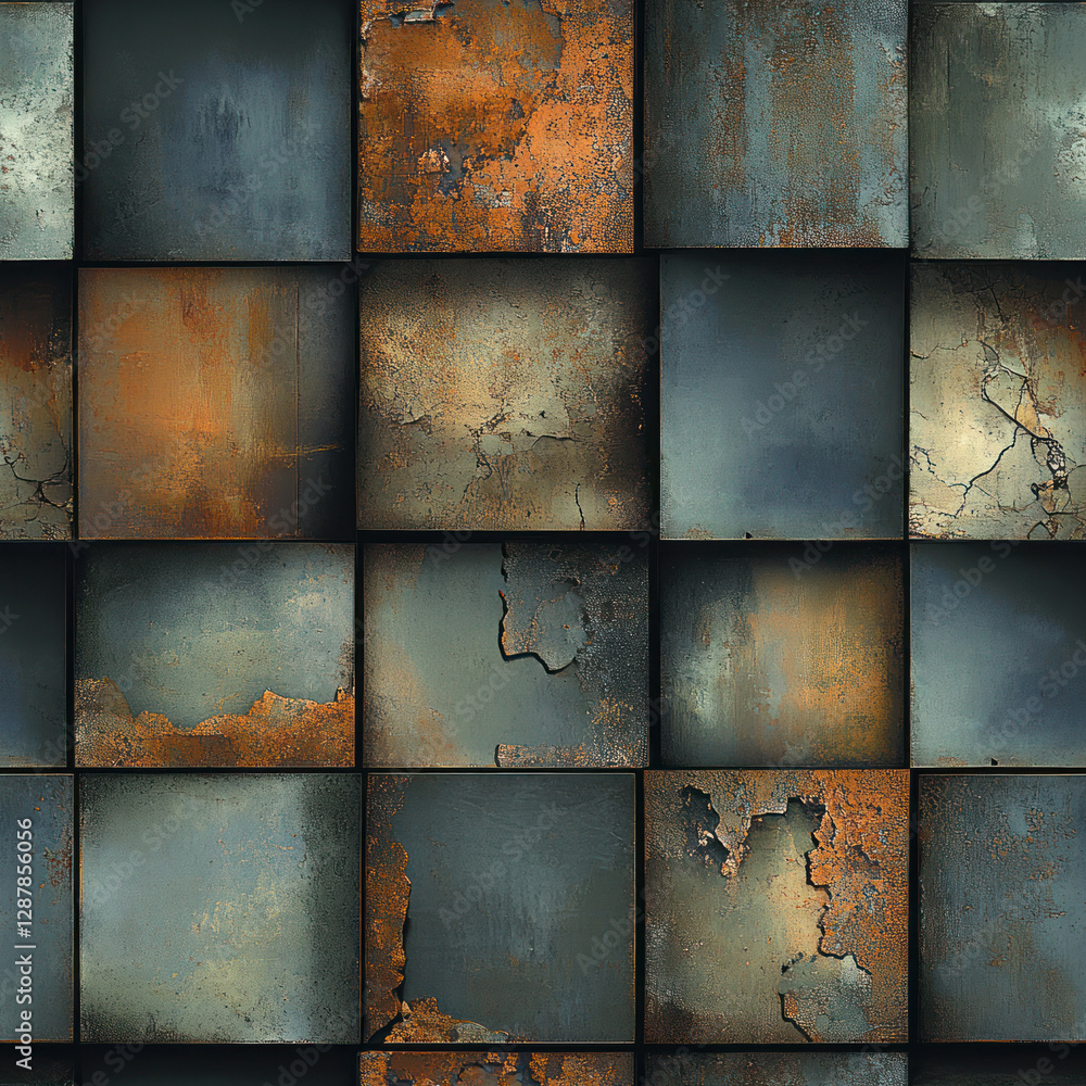Poster oxidized metal blocks arranged closely. texture with rust, crack patterns forming abstract backgroun