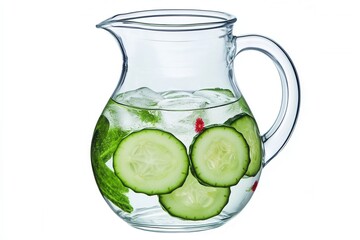 Clear Glass Pitcher Filled With Refreshing Water, Cucumber, and Mint