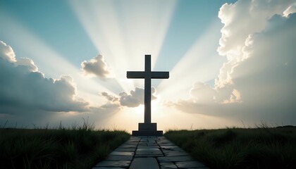 Christian cross against radiant sky at sunset