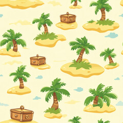 Fototapeta premium Palm trees, treasure chests on islands repeating. Beachy yellow background with pastel clouds pattern