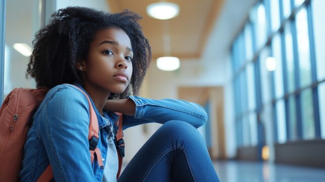 A thoughtful teenage girl sits alone in a school hallway