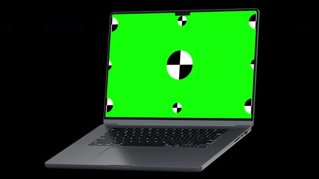 Laptop opens smoothly with a green screen on a black background. 3d Pc with chroma key for mockup. Concept computer technological. 3D rendering.