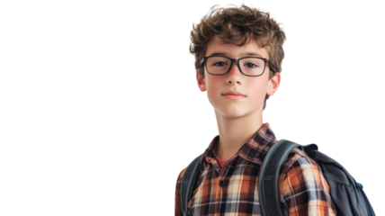 Young student with glasses ready for school, showcasing a plaid shirt and backpack against a plain background