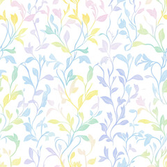 Pastel foliage entwined. Leafy branches and swirling vines on a white backdrop form an elegant floral pattern