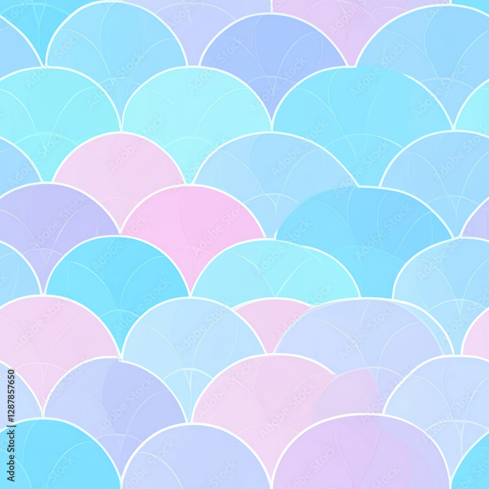Poster Pastel overlapping scalloped pattern with radial lines creates an abstract colorful semi-circles background