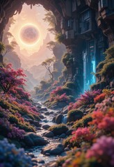 Serene Fantasy Landscape Blossoming Flowers Frame Futuristic Architecture and a Tranquil Stream