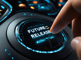 close up of finger pressing futuristic button labeled FUTURE RELEASE, showcasing advanced technology and sleek design. glowing interface adds modern touch