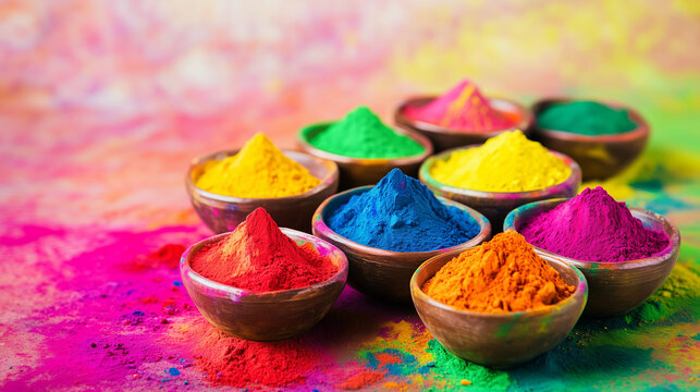 Colour pots on Holi festival background, Holi festival background with gulaal colour.