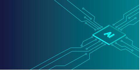 Abstract circuit board AI isometric. Background tehcnology artificial intelligence 3D and connecting lines. Vector illustration.
