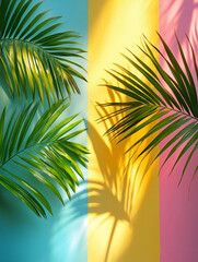 Vibrant tropical leaves against colorful striped background