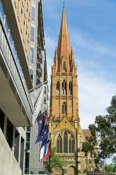 The central steeple of St. Pauls Cathedral in the Melbourne CBD