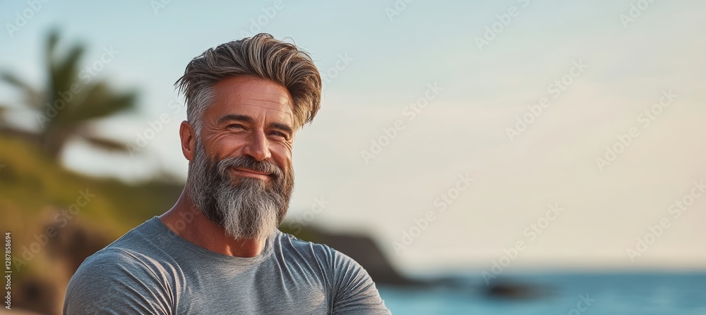 Poster man with a beard and a watch is standing on a beach. he is smiling and looking at the camera