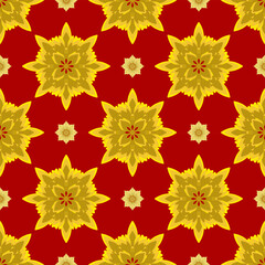 Classic Damask gold color Seamless Pattern on a red background.
