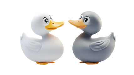 Rubber ducks in playful conversation on a clean white background with a vibrant focus on their cheerful expressions