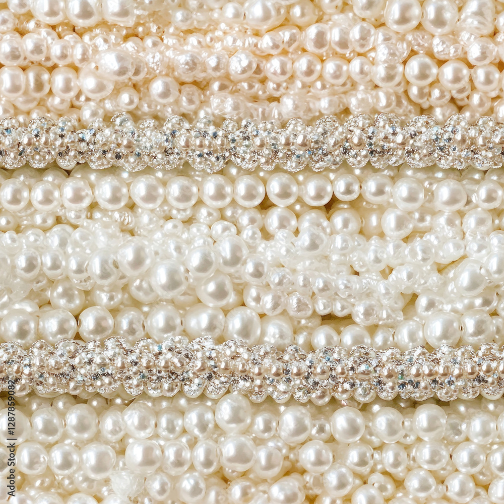 Poster pearls gleam, cascading with crystal trim, creating a textured background with bright light effects