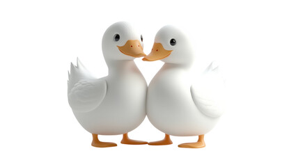 Two cute white ducks made of rubber stand close together on a white background while looking at each other in a playful manner