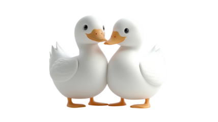 Two cute white ducks made of rubber stand close together on a white background while looking at each other in a playful manner