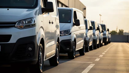 Line of white delivery vans parked at a distribution center