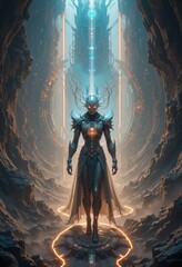 Naklejka premium Futuristic Female Warrior in Armor Walking Through a Mystical Digital Landscape