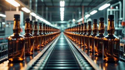 Rows of whisky bottles moving along a conveyor belt in a modern bottling factory.