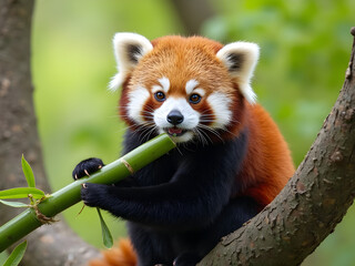 Red Panda Eating Bamboo: A red panda sitting comfortably on a thick tree branch, holding a fresh bamboo stalk with its tiny paws and nibbling on the leaves.