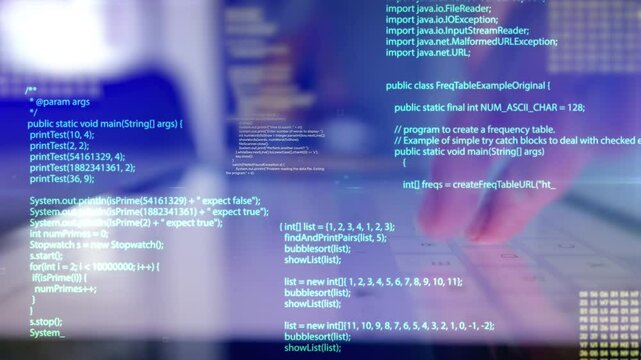 Man working on digital tablet with graphic user interface hologram showing concepts of big data science technology. Open source code programmer. Futuristic abstract 3d rendering.