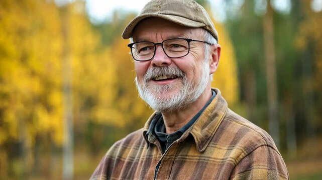 A man with a hat and glasses is smiling in a field of yellow leaves