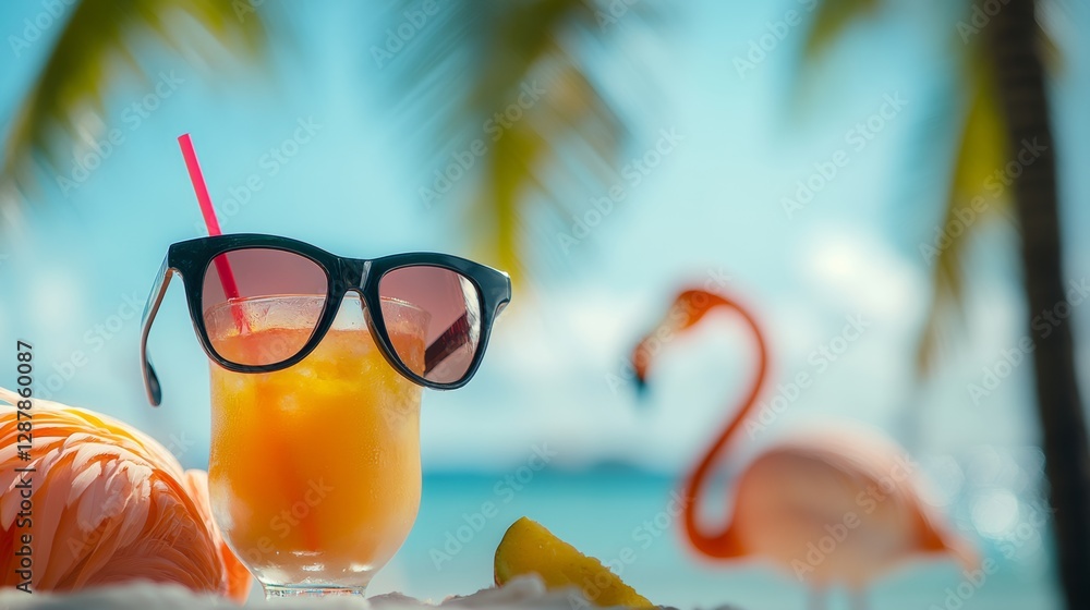 Poster glass of orange juice with a straw in it is placed on a table next to a flamingo. the scene is set o