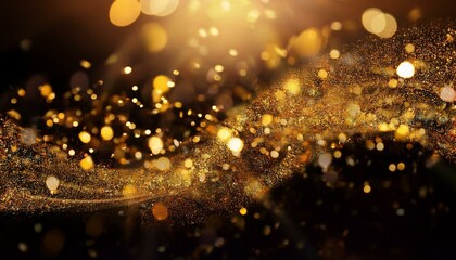 Abstract elegant, detailed gold glitter particles flow with shallow depth of field underwater. Holiday magic shimmering luxury background. Festive sparkles and lights. de-focused.