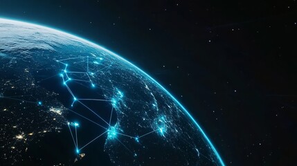 A photograph of the Earth with glowing blue lines connecting various points across its surface