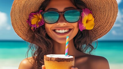 Woman is holding a drink with a straw and wearing a straw hat. She is smiling and she is enjoying...