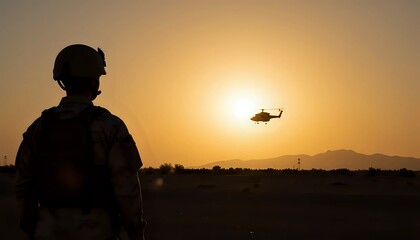 Fototapeta premium Soldier watches helicopter silhouette against a dramatic sunset sky