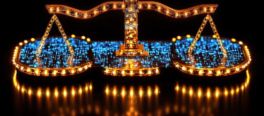 Illuminated scales of justice with glowing blue and orange lights.