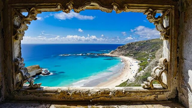 Breathtaking View of Turquoise Sea and Sandy Beach Framed by Ornate Window