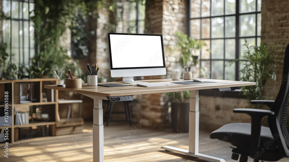 Poster modern workspace with standing desk and computer in bright, plant filled room with large windows and