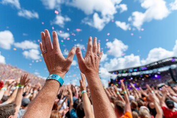 Lively outdoor music festival with diverse crowd under sunny sky
