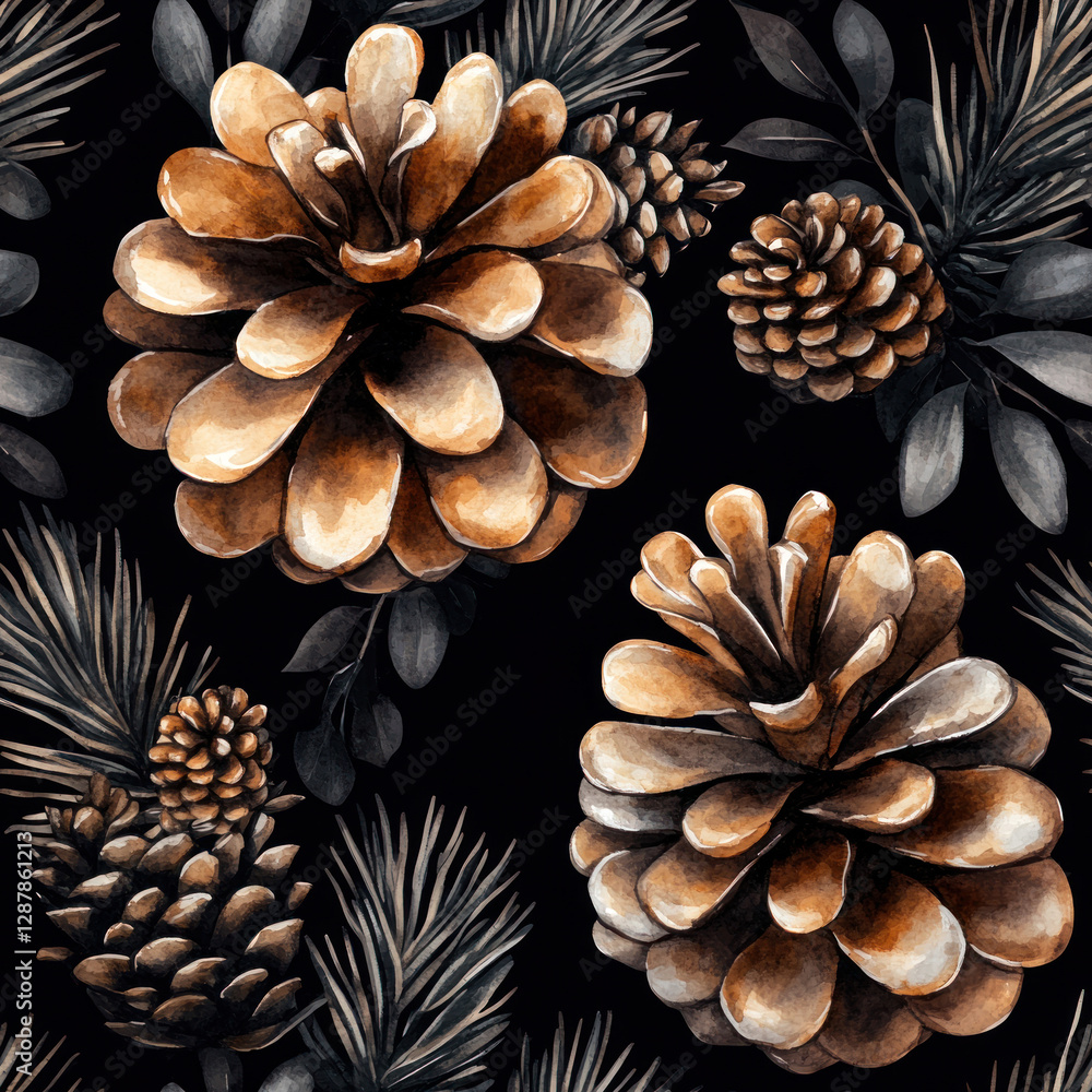 Poster pinecones and evergreen branches arranged into a seamless pattern against a dark, elegant background