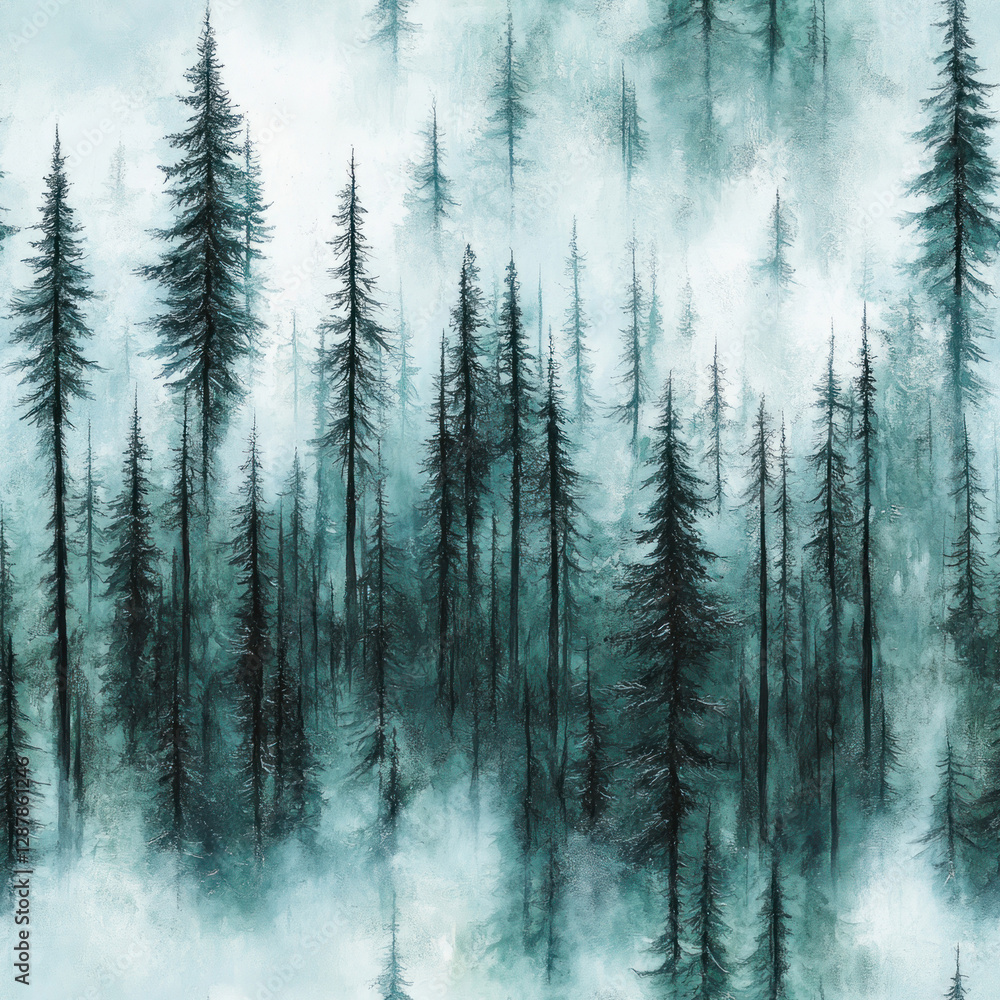 Poster pine trees emerging from ethereal mist in forested hills, creating a serene atmospheric background