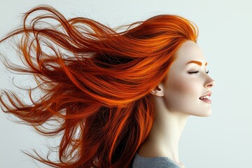 Fototapeta premium Woman with long red hair is smiling and looking to the right. The hair is flowing in the wind, giving the impression of freedom and joy