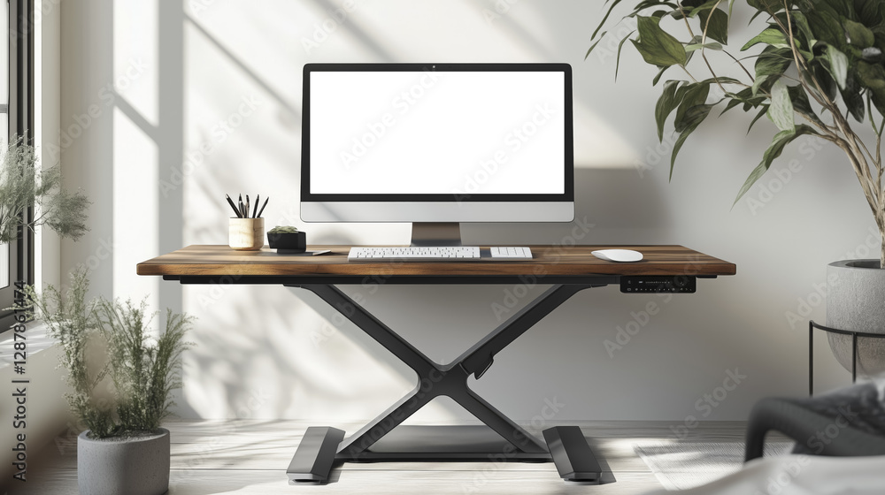 Poster modern workspace with standing desk features computer, keyboard, and mouse, surrounded by plants and