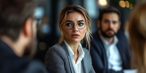 Fototapeta premium Woman wearing glasses with a thoughtful expression in a bright environment reflecting confidence and intellectual curiosity